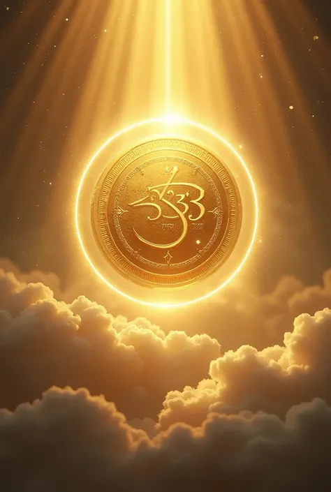 Image of a gold coin, whith the number 333 on it and a saint halo over it, in heaven