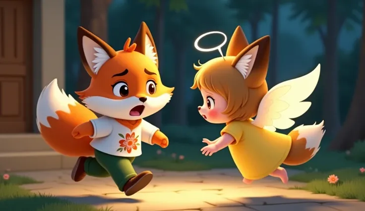 A cute fox cub named raju,raju wearing red colour flower printed white colour shirt and green pant,raju have large fluffy fur mane innocent and expressive charming face.raju is scared and running outside of the house in the night,an cute girl angel trying ...