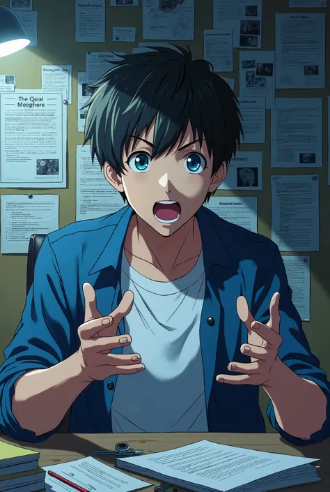 Detective board on wall background he is sitting on desk  and talking in front camera wearing blue open shirt with white tshirt hand on table with different hand gestures anime