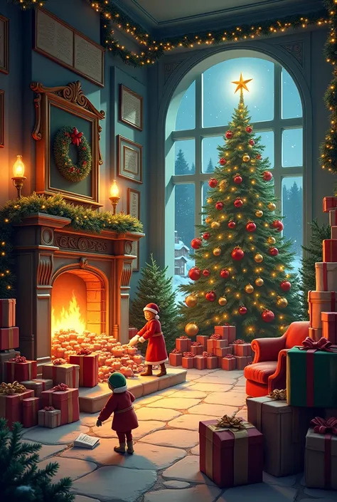 A Santa Claus gift delivery control room with plenty of Christmas decoration with gifts with fireplace with Christmas tree with letters from the ren several people working 