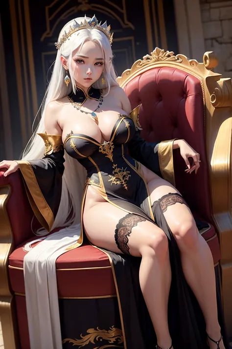 Inside the Palace， imposing palace， sitting on a throne ，Dress，花纹Dress，crown，bow tie，Jewelry，earrings，necklace，Bracelet，ring，crystal，gem，Beautiful face ， heels ，Garter stockings，Long skirt， Sexy Body， natural breasts ， Fleshy Thighs ，Full figure， perfect f...