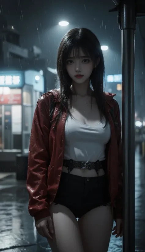 In a cloudy city, a scene unfolds under the torrential rain, capturing the essence of a moment with hyper detailing and realism. A girl with long black hair and black eyes stands at a bus stop near a corner store. Shes clad in a red hooded jacket, white bl...