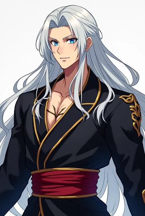 Male character aged 19 or so , beautiful appearance and defined body ,  wears black robes with gold details and a red band wraps around his waist,  has blue eyes and long white hair , manhua style, with very masculine features