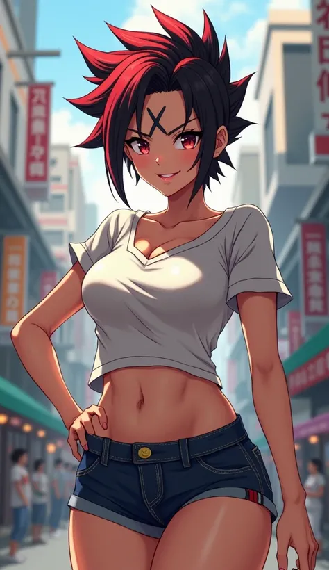 Whole body expression、 Japanese、woman、 pretty girl、、Head Pig Master 、There is a big X mark scar in the middle of my forehead、Reddish-black hair、Spiked Hair、smile、 Shorts 、T-Shirts、Big Breasts、The background is the city、