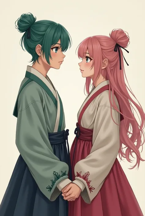 A high school boy character with mature bright green hair wearing a black hanbok and a high school girl character with mature pink hair wearing a white hanbok