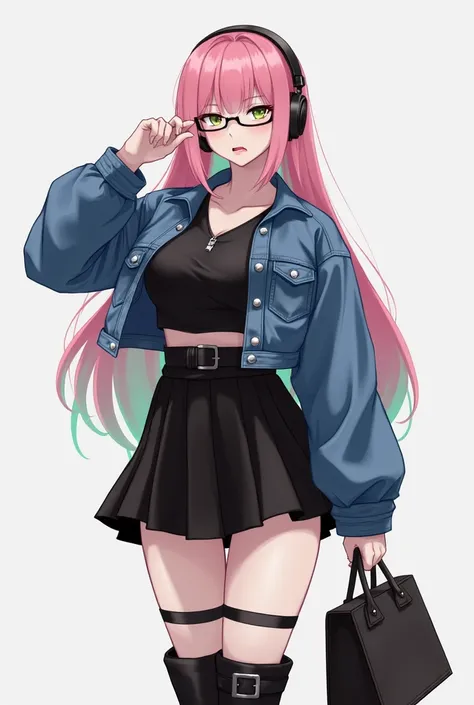 woman,  long pink and green hair , sidcut, eyes with heterochromia,   with green left eye  , red right eye, decide, with anger, cropped black dress , denim jacket over the top  ,   black skirt and wearing boots  ,   wearing headphones and glasses, with a b...