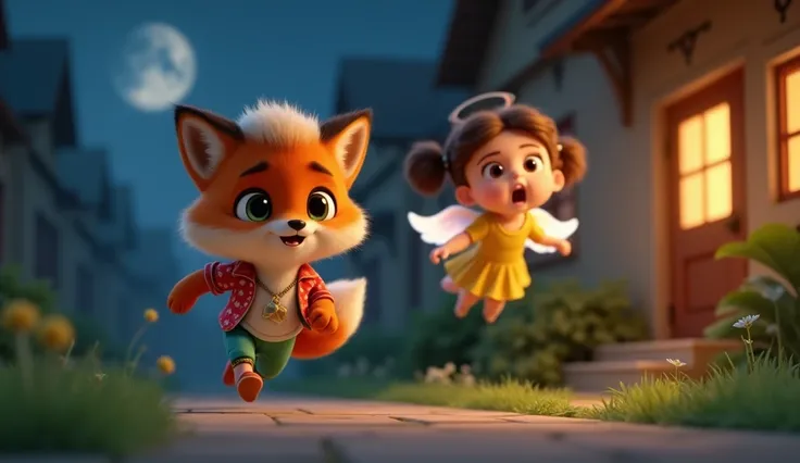 In cinematic 3d cartoon style A cute fox cub named raju,raju wearing red colour flower printed white colour shirt and green pant,raju have large fluffy fur mane innocent and expressive charming face.raju is scared and running outside of the house in the ni...