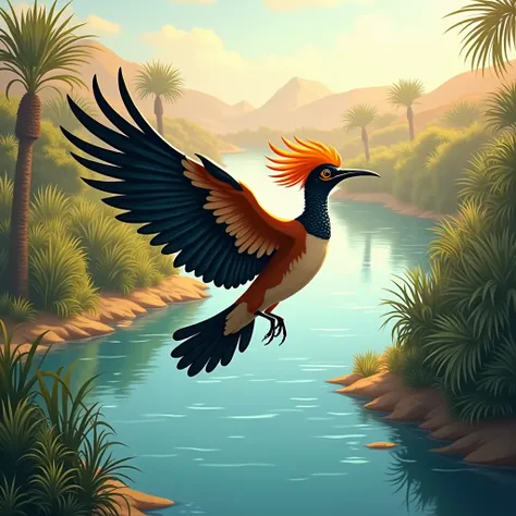 A beautiful hoopoe flying over the Nile. Illustrations 