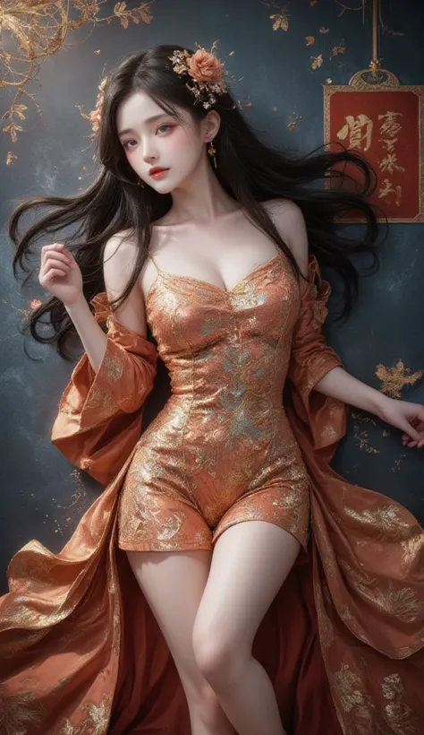 This is a highly detailed, photorealistic image of a young woman with an ethereal, ancient Asian aesthetic. She is lying on a textured, gradient background that transitions from deep blues and purples at the top to golden hues at the bottom, evoking a sens...