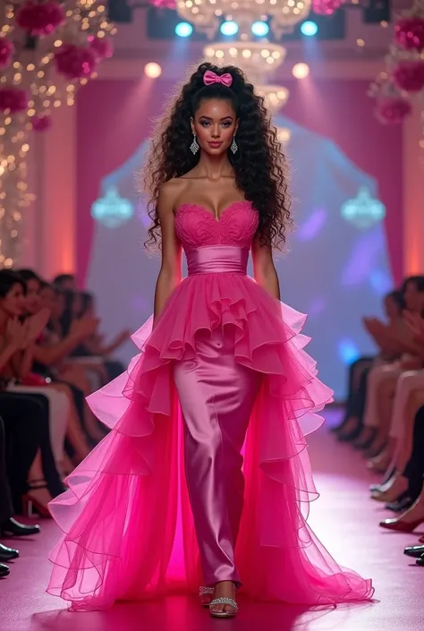 Portrait of a woman with extremely long, thick, curly long black hair, a glamorous Barbie-themed fashion show, her face glowing with a bright, charming smile. She is dressed in a stunning vibrant long pink barbie dress high-fashion gown The gown features a...