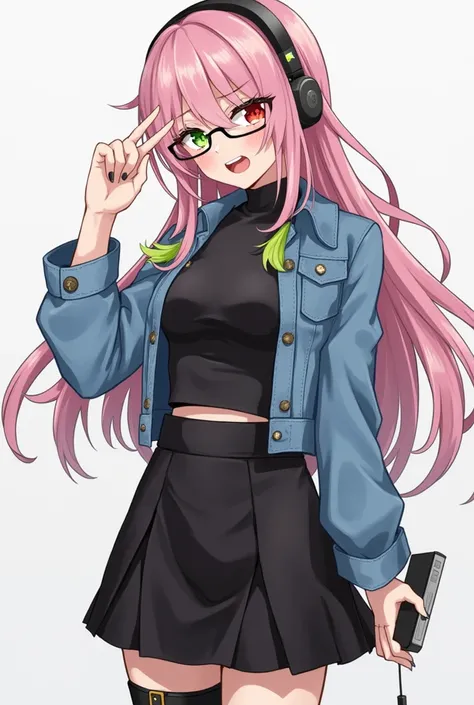 woman,  long pink and green hair , sidcut, eyes with heterochromia,   with green left eye  , red right eye, decide, with anger, cropped black dress , denim jacket over the top  ,   black skirt and wearing boots  ,   wearing headphones and glasses, with a p...