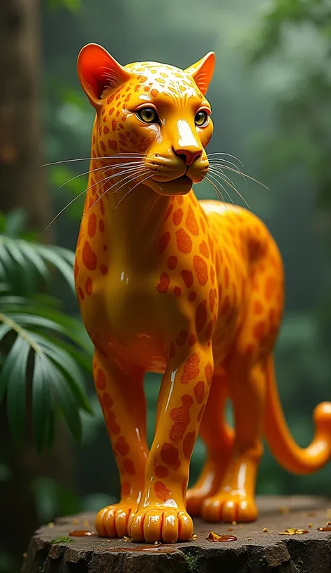 A hybrid leopard fully constructed from maple syrup. Its body is entirely composed of thick, golden amber syrup, flowing and glistening in the light. The syrup deeply coats the leopards form, including its face, creating an intense texture that reflects th...