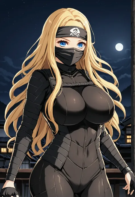 Ninja girl, long blond hair, blue eyes, ninja suit, black ninja clothes, maskered, night, steath mission, atlhetic body, big boobs, sexy lady, ecchi.