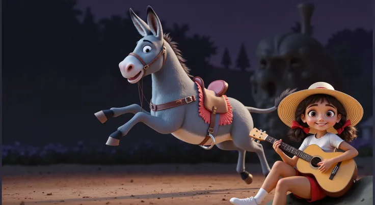 Inspired by Disney Pixar movies and 3D characters, create an image of a mixed-race girl, daughter of a white mother and black father, white skin and curly hair tied in two ponytails, with a large sun hat hanging on her back, a plain white t-shirt, red shor...