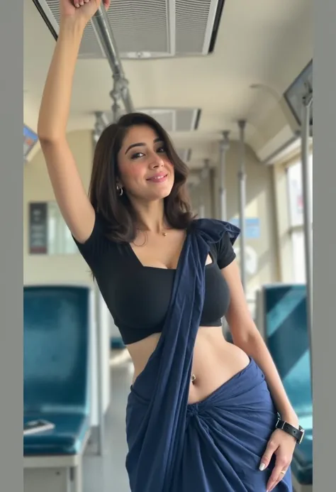 Woman 28yo, navy blue saree and black sleeveless blouse, 34dd breasts,32dd waist, sexy, body revealing saree, white body, sunny day, inside metro train, right hand holding rod above head, left hand adjusting hair, she has brownish hair, pink lips, eyeliner...