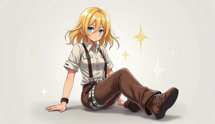 aot style, shingeki no kyojin,, , christa renz,, 1girl, belt, belt buckle, blonde hair, blue eyes, brown footwear, brown pants, buckle, chest belt, collared shirt, diamond (shape), floating hair, from side, full body, grey background, hair between eyes, ha...