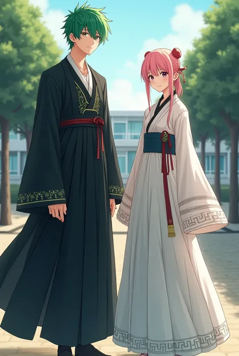 A mature bright green-haired high school boy wearing a black hanbok at school and a mature pink-haired girl wearing a white hanbok