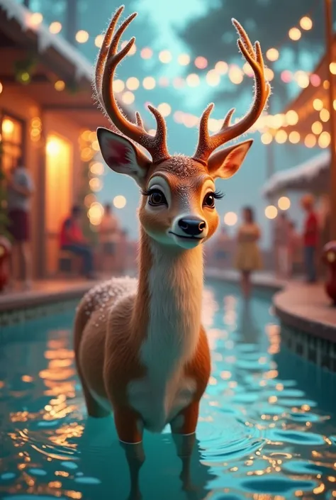 A Christmas deer with tender eyes at pool party