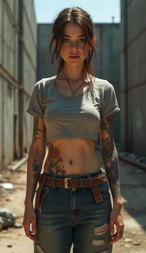 A young girl with beautiful and realistic skin texture stands in front of a background of concrete rubble. Her work-stained shirt adds a harshness to the overall image. Toned abs, baggy work pants. She has tattoos on her arms, adding an edgy vibe to her lo...