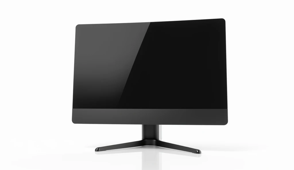 A single desktop monitor with a slightly curved screen, blank and reflective, featuring a glossy black body and a V-shaped stand, isolated on a clean white background, giving a futuristic and sleek appearance