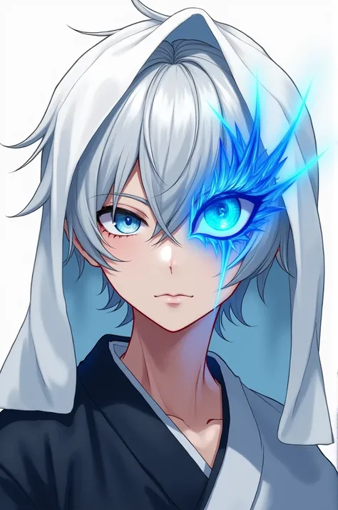 White haired anime boy blue dragon eye covering one side right eye white cloth wearing black haori