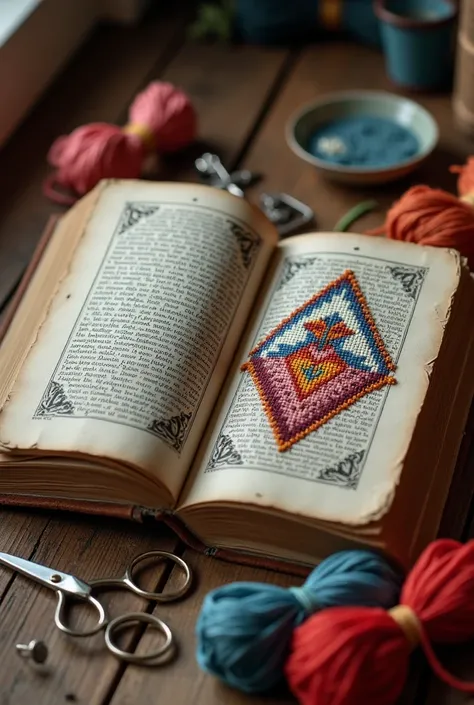  An image showing an old open book ,  inside you can see a frame where womens hands are embroidering a diamond in cross stitch around the book there are threads, scissors, needles, Thimbles all this with colorful 