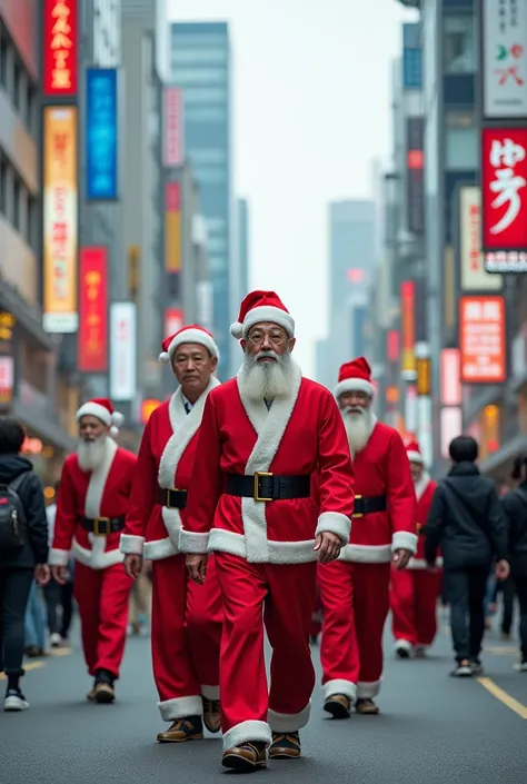  wearing modern middle-aged Japanese Santa Claus costumes　Modern cityscape　 Modern young people walking through the cityscape 　Realistic photographic images 