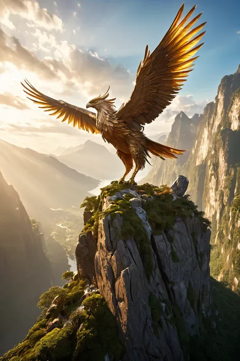 Main Object: The Ziz, a colossal bird of biblical lore, with its massive wings outstretched as if preparing to take flight, Action or Position: The Ziz is perched on the edge of a high mountain cliff, its head raised majestically toward the heavens, its ey...