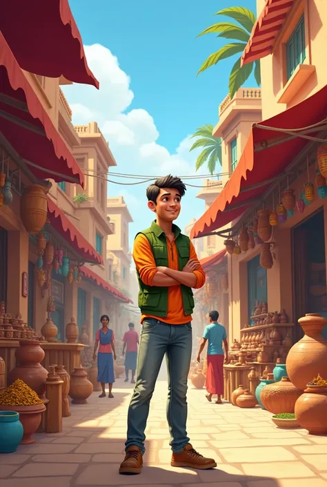 a bustling market scene with a young man, now a confident businessman, interacting with villagers and customers. he stands in front of a larger, more successful shop, filled with a wider variety of products—handmade crafts, pottery, colorful fabrics, and