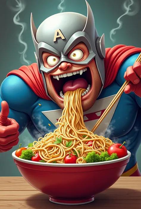 "A humorous and exaggerated cartoon of a superhero eating an enormous bowl of steaming noodles. The superhero has a muscular build, wearing a red, blue, and silver costume with a bold letter A on their helmet. The characters mouth is comically oversized, w...