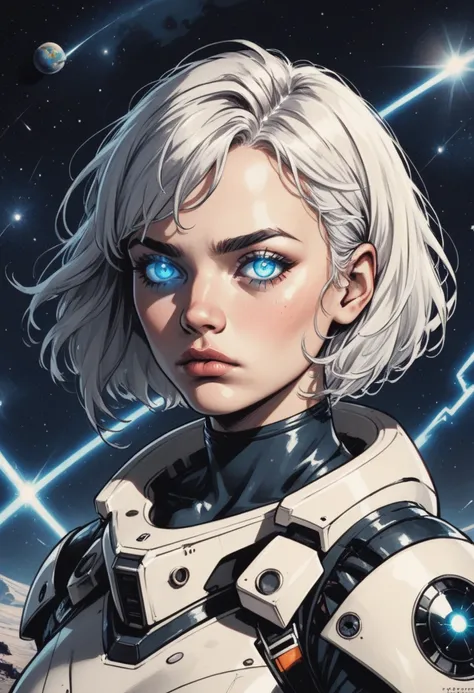 solo, 1girl, white hair, glowing, science fiction, power armor, upper body, short hair, cable, looking at viewer, glowing eyes, blue eyes, armor, spacesuit, tube, s1_dram, zPDXL3, detailxl,  Score_PnyReal,