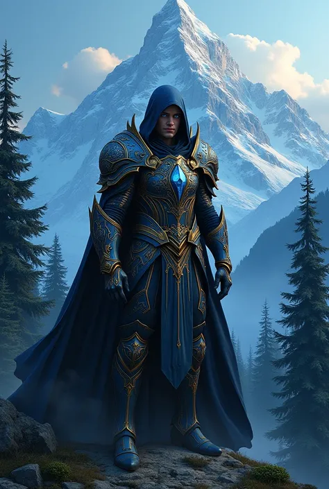 Human Wizard ,  Blue Eyes, detailed clothes, Armor, mountains, 8k, arte well done, linda, landscape, Layer, hood, Armor com entalhes, mago, magic, Armor gótica, Gothic art, well done, linda, magic, artistic features , paint,  gold paint details ,  blue eve...