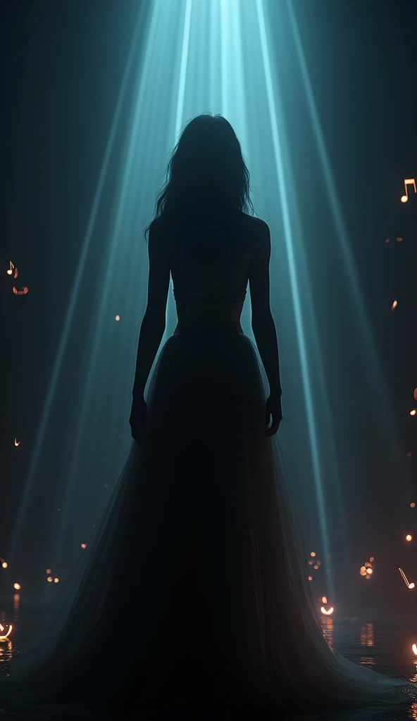 
Dark background environment and female silhouette, lasers and musical notes stand out as effects. Ultra-realistic, cinematic, 8k image