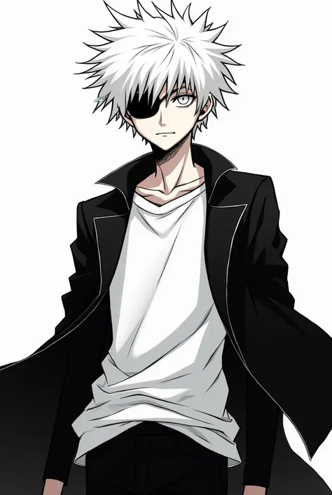 make a manga panel of a guy withwhite hair and the hair desine is like midoriya from MHA who has an eyepatch and his right eye is grey who is a tennager who is wearing long black coat woth black pants and a white t-shirt