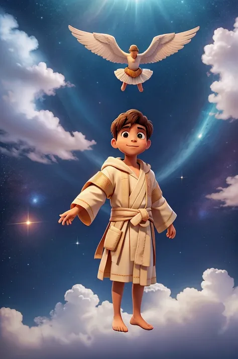  Image of God wearing heavenly robes, Hes flying over the empty universe . 