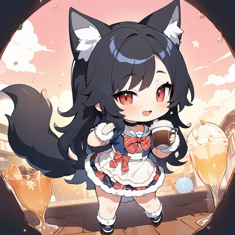 1 chibi boy,(((chibi art style))), girlish-boy,wolf ears, wolf tail,black hair,long hair, choker, fur school uniform, fur skirt, open mouth smile, cup of hot coffee in hand, 
masterpiece,best quality,ultra detailed, hyper small and clean characters in hype...