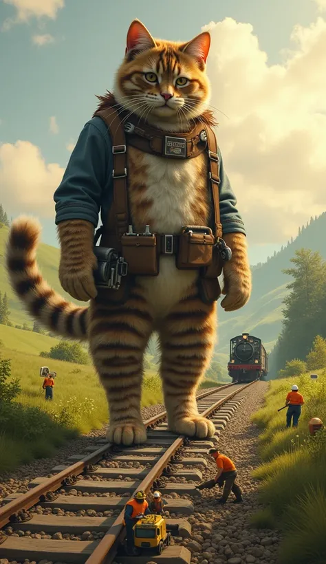 "A whimsical scene of a giant anthropomorphic cat standing upright on two legs, diligently repairing a railway track in a lush countryside setting. The cat, towering over the landscape, wears a utility belt with tools like wrenches and hammers hanging from...