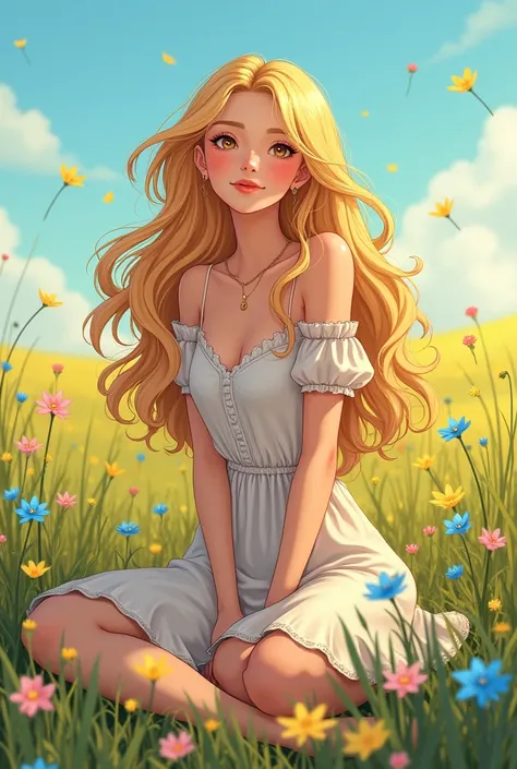 Limage dune jeune femme en dessin animé avec des longs cheveux jaune diamants assise sur dans la prairie jouant avec les fleurs