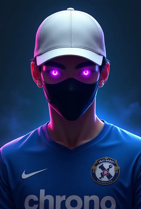  Male character game style Free Fire , With the white cap purple eyes showing a purple effect wearing the black mask and blue team jersey written on the front "CHRONO" Dark blue background 