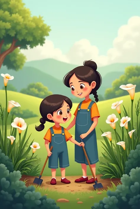 Girl and woman in a cartoon
 Fixing bushes in contact with nature and with calla flowers 