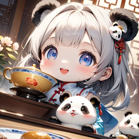 (masterpiece, ultra-detailed, best quality, clear focus, dramatic scene, cinematic), shadow, (ultra-high resolution, 8k), perfect anatomy, perfect face, (detailed face, detailed eye, chibi), cute Japanese chibi girl, famous Japanese chibi idol, very beautiful and cute and cool face, (wearing an antique dress:1.2), (large breasts), (She is enjoying a Chinese traditional tea with several pandas in the fine Chinese restaurant in the luxury hotel:1.3), Chinese antique furnishings, she is showing smile, she is sitting at the circle table with many gorgeous plates of sweets on it, (The human-like giant panda is serving), professional lighting, (detailed very cute fluffy huge giant panda:1.3), they looks so happy, happy smile, spectacular view of the Chinese Garden with snow from the window,