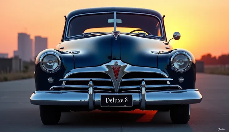 A dynamic, angled front view of the 2025 Pontiac Deluxe 8, blending retro design elements from the 1940 model with a modern luxurious twist. The car is painted in a rich, glossy deep blue, positioned against a dramatic backdrop of a glowing sunset or a cit...