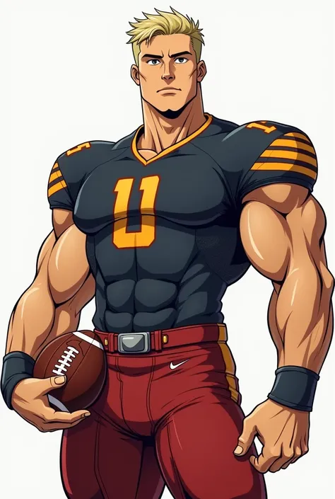  anime style :  a muscle-bound man,  6 feet 4 inches tall . short hair,  next to him holding a football .