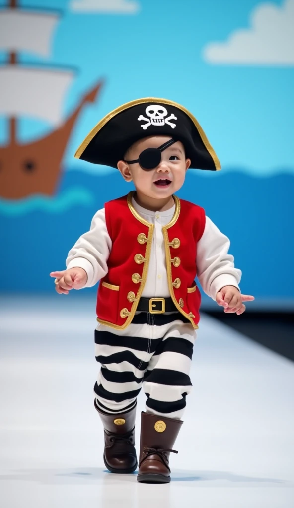 "A  South Korean baby boy wearing a playful pirate outfit with an eye patch, striped pants, and a tiny pirate hat. He walks down the runway with a cheeky grin, pretending to sail a ship and making funny ‘Arrr!’ sounds at the audience. Every few steps, he s...