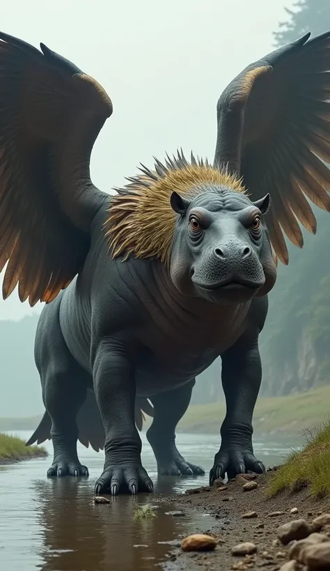 "A massive hybrid creature standing near a riverbank, combining the robust body of a hippopotamus with the sharp, predatory features of an eagle. Its muscular torso and thick legs resemble a hippo, covered in leathery, dark gray skin. Towering wings with s...