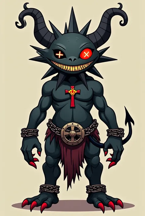  a black humanoid demon his head is a 6-pointed star, her right eye is shaped like a  "+"  being red while she has no visible left eye , has a red and yellow aureole with a The horn on the right is broken while on the left it is yellow and sharp .

 it has...