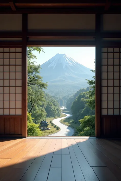 Interior of an aikido dojo with a gateway in the background of a long road to a mountain in Japan inspired by bushido