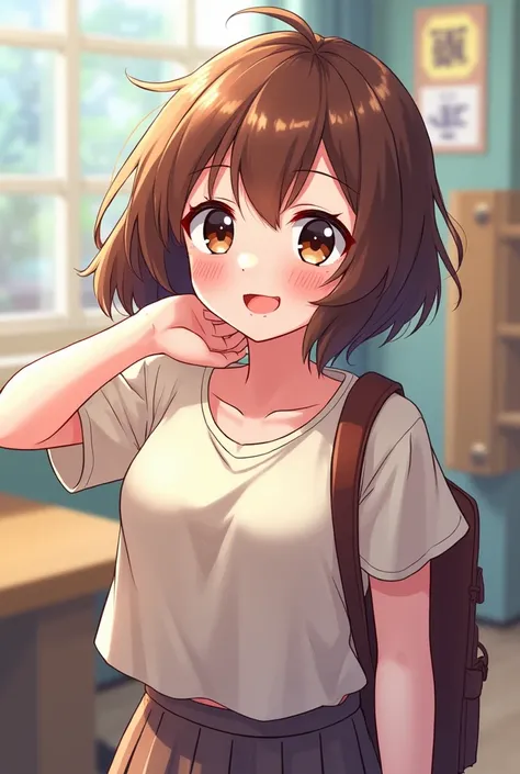 A pretty and cute college student with a red face and a short-haired brown-haired cartoon with an anime-like picture in English, be sure to use the Alppe mark in English.