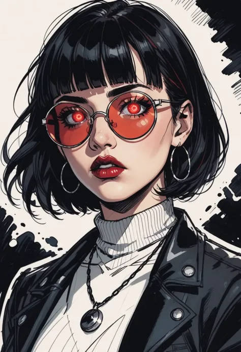 1girl, jewelry, solo, earrings, black hair, red eyes, looking at viewer, necklace, short hair, tinted eyewear, parted lips, glowing, red lips, sunglasses, jacket, bob cut, turtleneck, black jacket, hoop earrings, red-tinted eyewear, makeup, black backgroun...