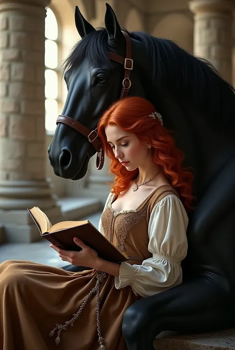 Redheaded woman reading book in a castle and close to her black horse 